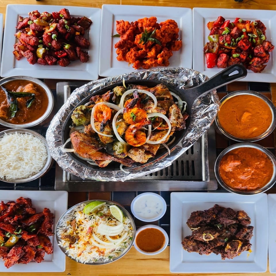 Overhead spread of Indian dishes, including grilled meats, curries, rice, fried appetizers, chutneys, and sauces on a wooden table.