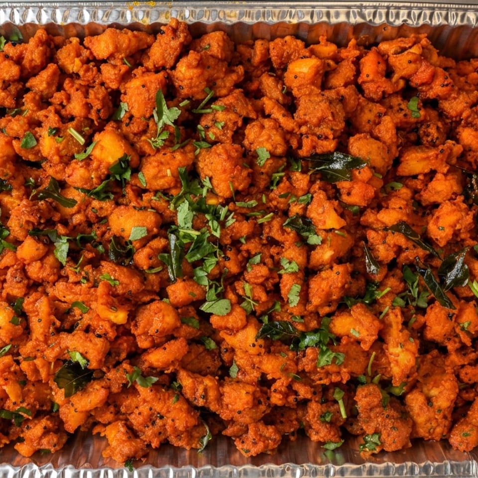 Tray of crispy orange fritters garnished with cilantro, curry leaves, and black mustard seeds.