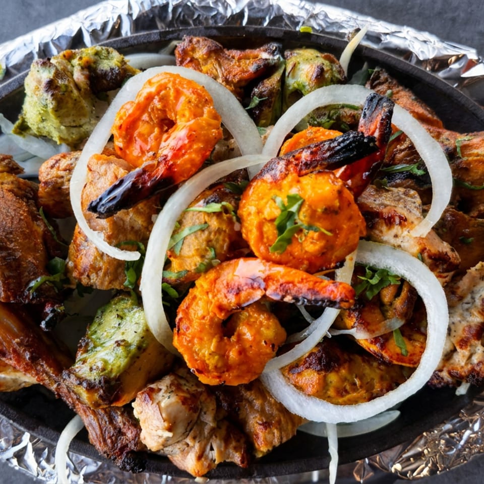 Assorted Indian grilled meats, prawns, vegetables, and onion rings arranged on a foil-lined sizzling platter.