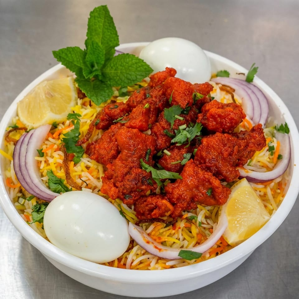 Bowl of biryani topped with red fried chicken, boiled eggs, lemon wedges, red onion, cilantro, and mint.
