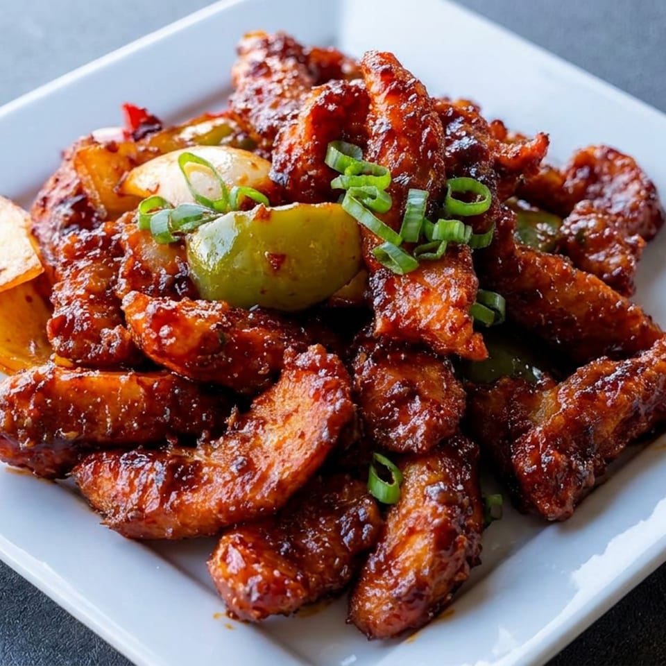 Glazed fried plantain pieces piled on a white square plate, garnished with lime wedges and sliced green onions.