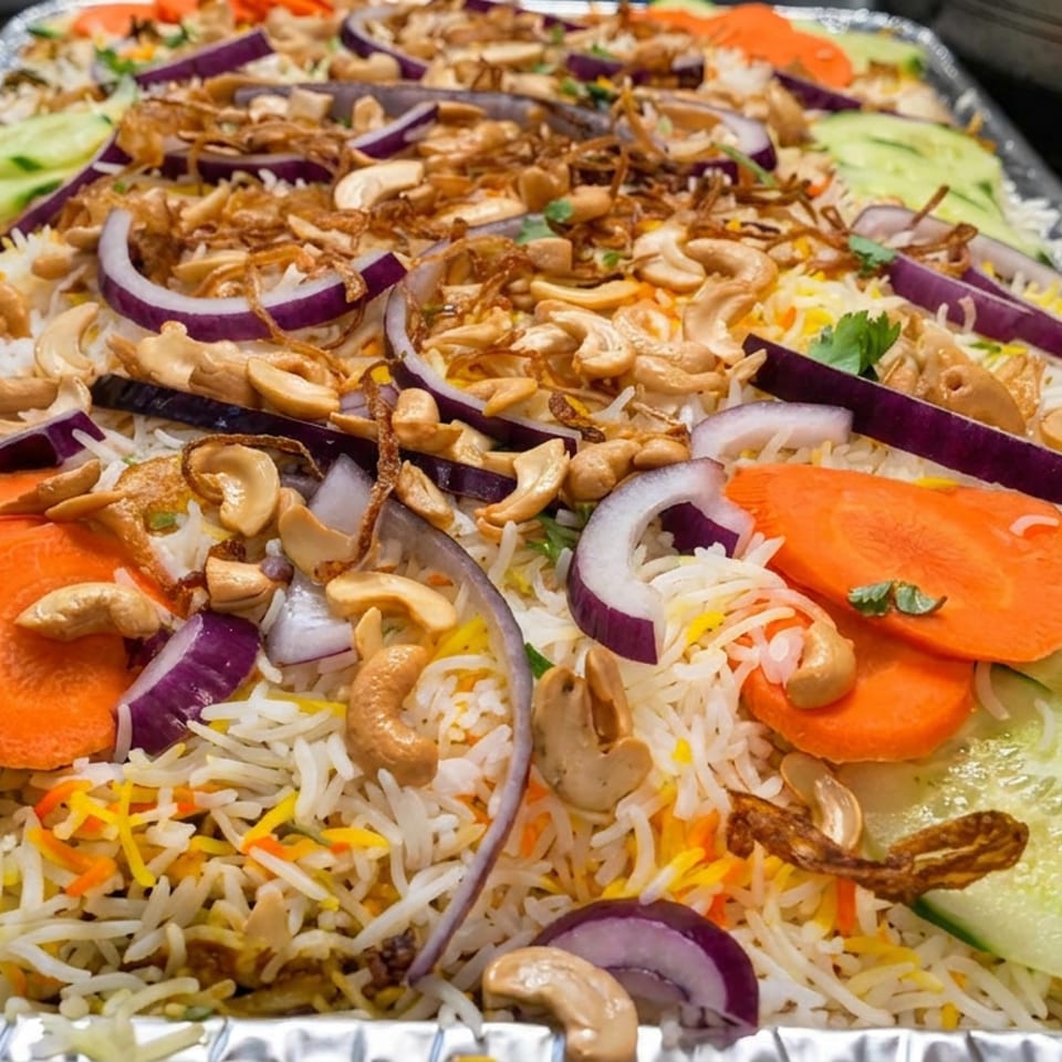Tray of basmati rice topped with cashews, fried onions, red onion, carrots, cucumbers, and herbs.